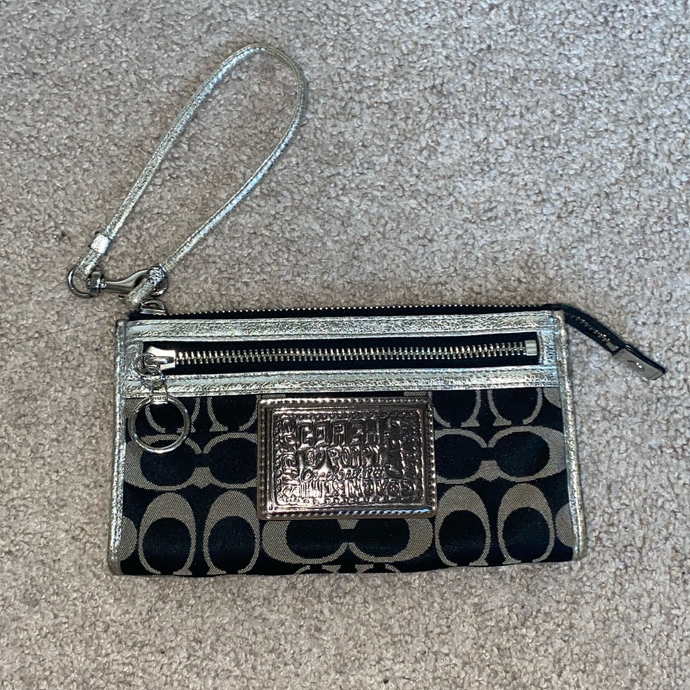 Silver and Black Coach Poppy Wristlet